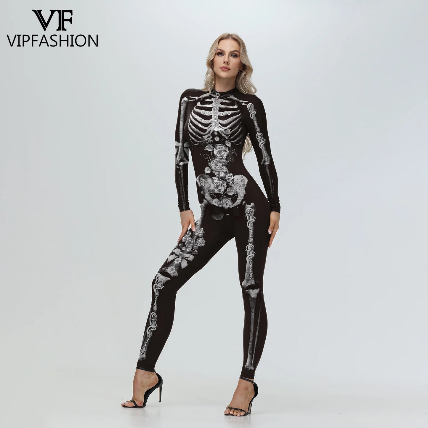 Floral Skull Halloween Skeleton Print Bodysuit for Women
