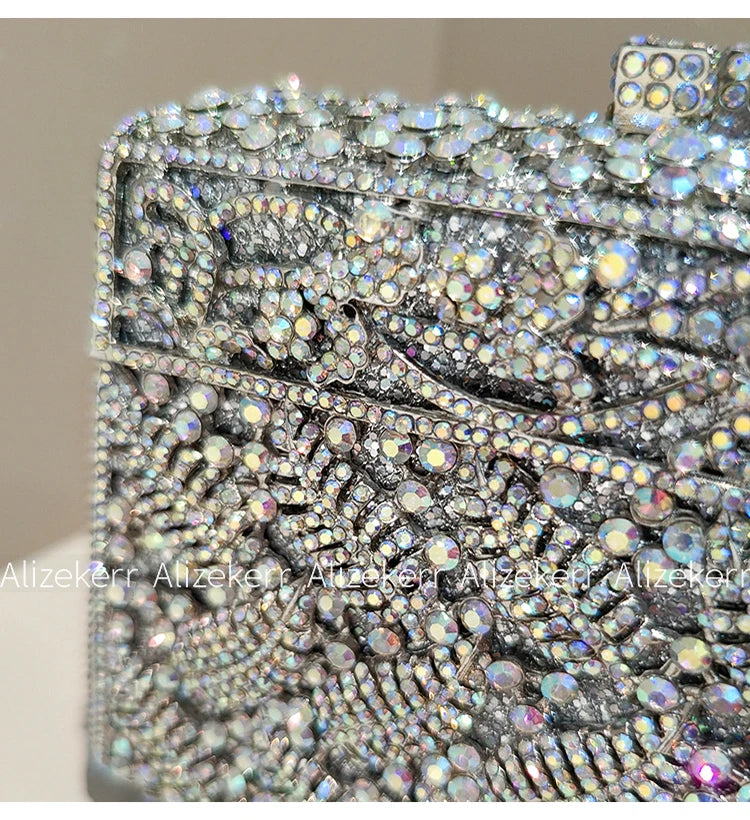 Metallic Leaf Diamond Evening Bag With Rhinestone Accents for Women