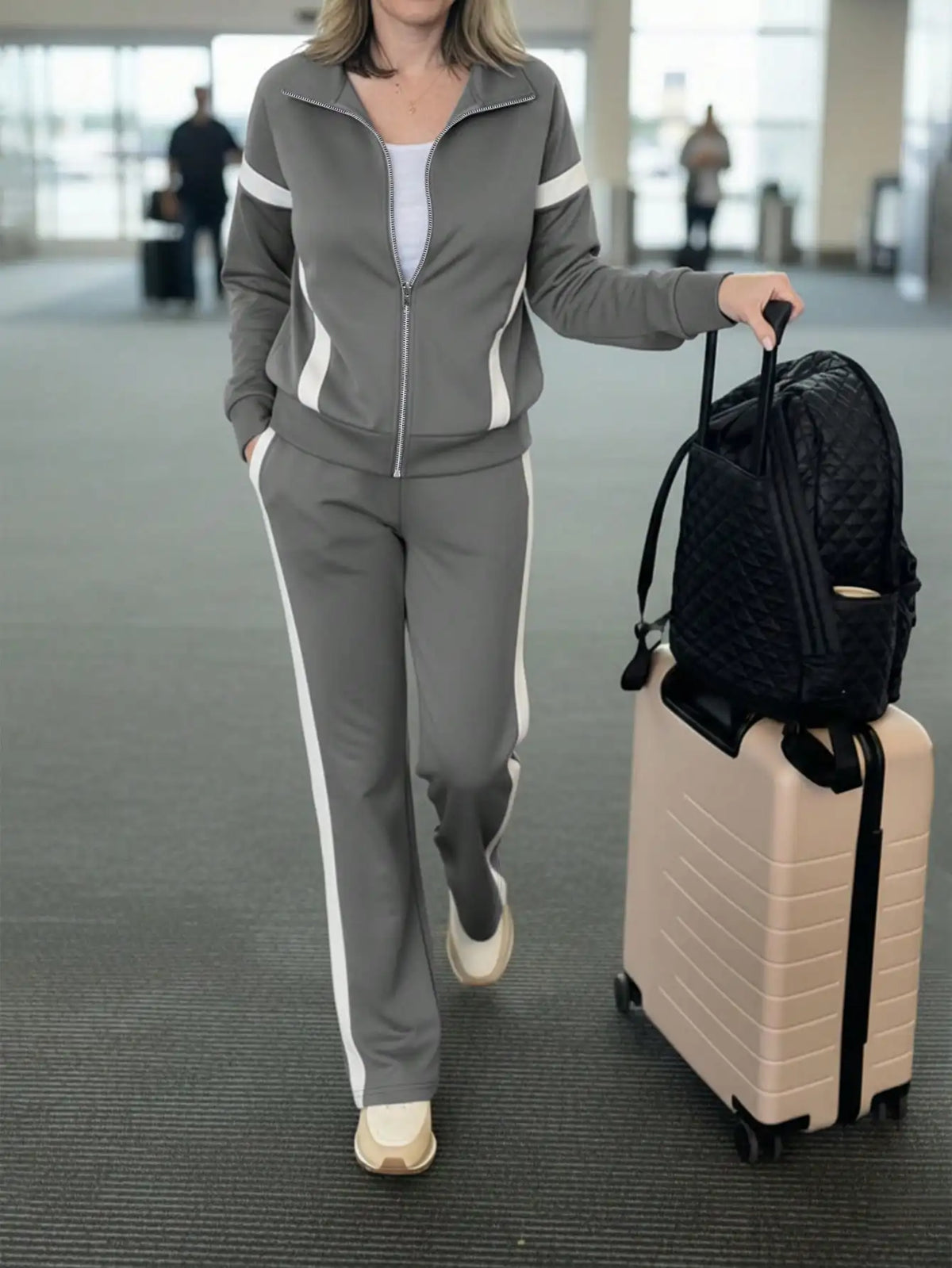 Contrast Long Sleeve Jacket And Striped Trousers Set for Women