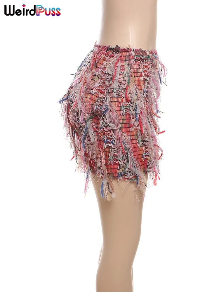 Colorful Tassel Stretch Knit Bodycon Maxi Skirt for Women
