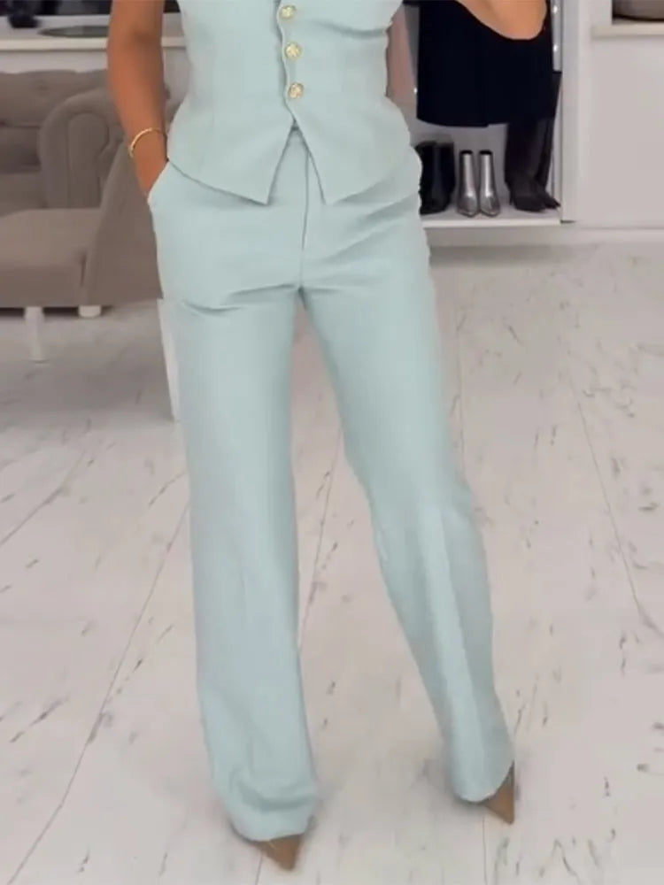 Waist Cinched Tailored Suit Set With Wide Leg Pants For Women