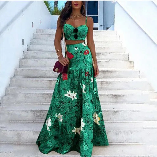 2 Pcs/Set Beach Crop Top Skirt Set Colorful Print Rich Colors Spaghetti Strap Floor Length Sleeveless Lady Tank Top Skirt Suit