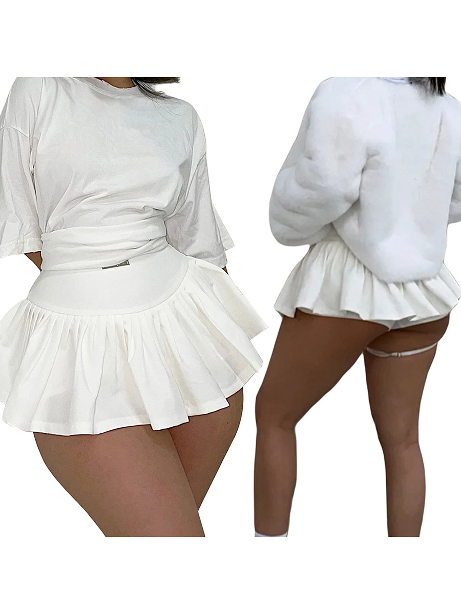 Women's Low Waist Mini Pleated Skirt  Adult Girly Casual Low Waist Letter Label Skirt with Lined Short Skirt (White)