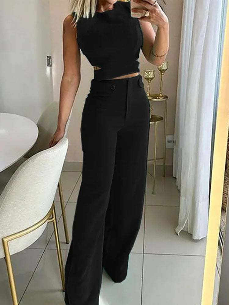 Hollow Out Sleeveless Crop Top and Wide Leg Pants Set for Women