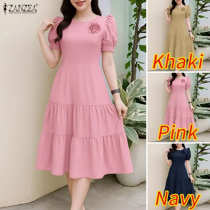 Tiered Puff Sleeve Midi Dress