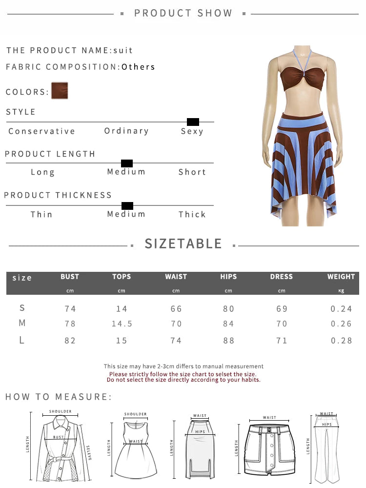 Nibber Holiday 3 Piece Set Woman Halter Rope+Wrap Chest Tops+Stripe Patchwork Mid Skirts Beach Sexy Style Summer Fashion Outfits