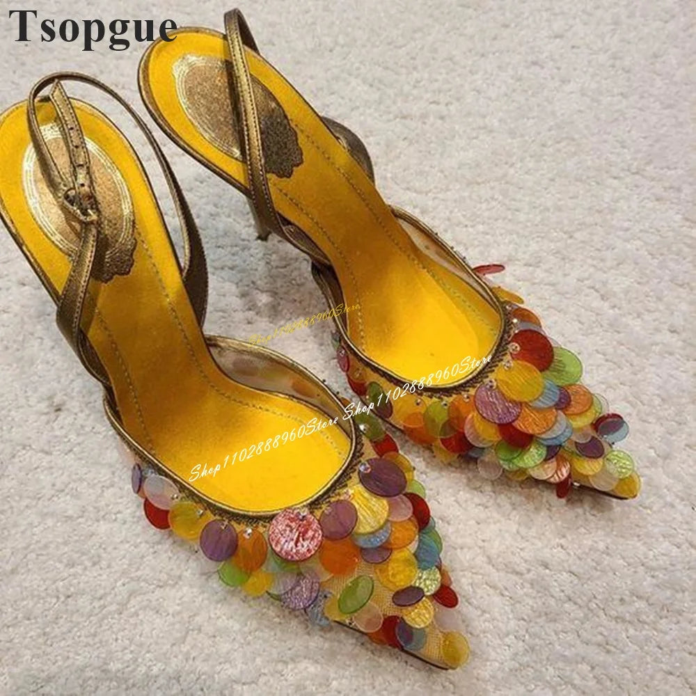 Slingback Mixed Color Sparkles Decor Sandals Thin High Heel Women Shoes Back Strap Pointed Toe 2024 Fashion Zapatos Para Mujere