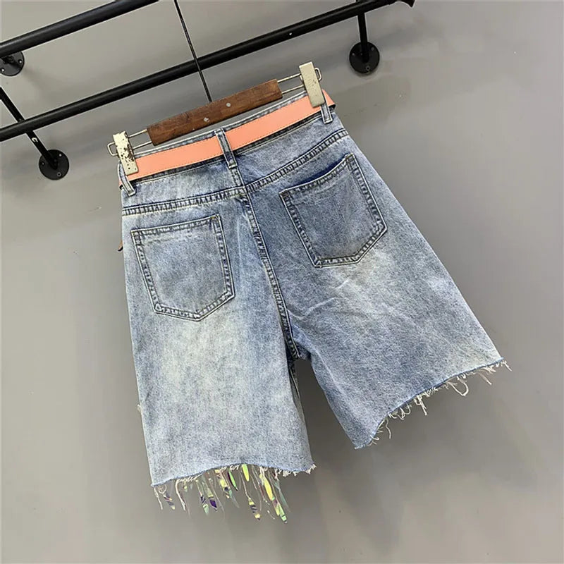 Tassel Bead Embellished Denim Shorts