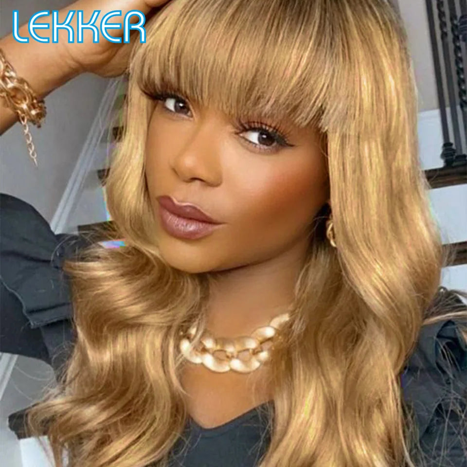Long Body Wave Human Hair Wig With Bangs for Women