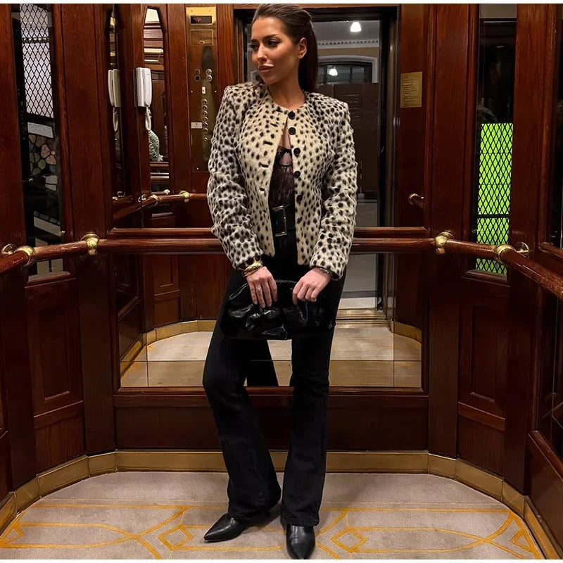 Leopard Print Faux Fur Single Breasted Crop Jacket for Women