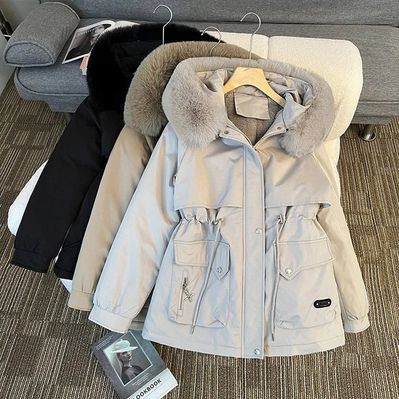 Korean Style Quilted Hooded Coat With Fur Collar For Women