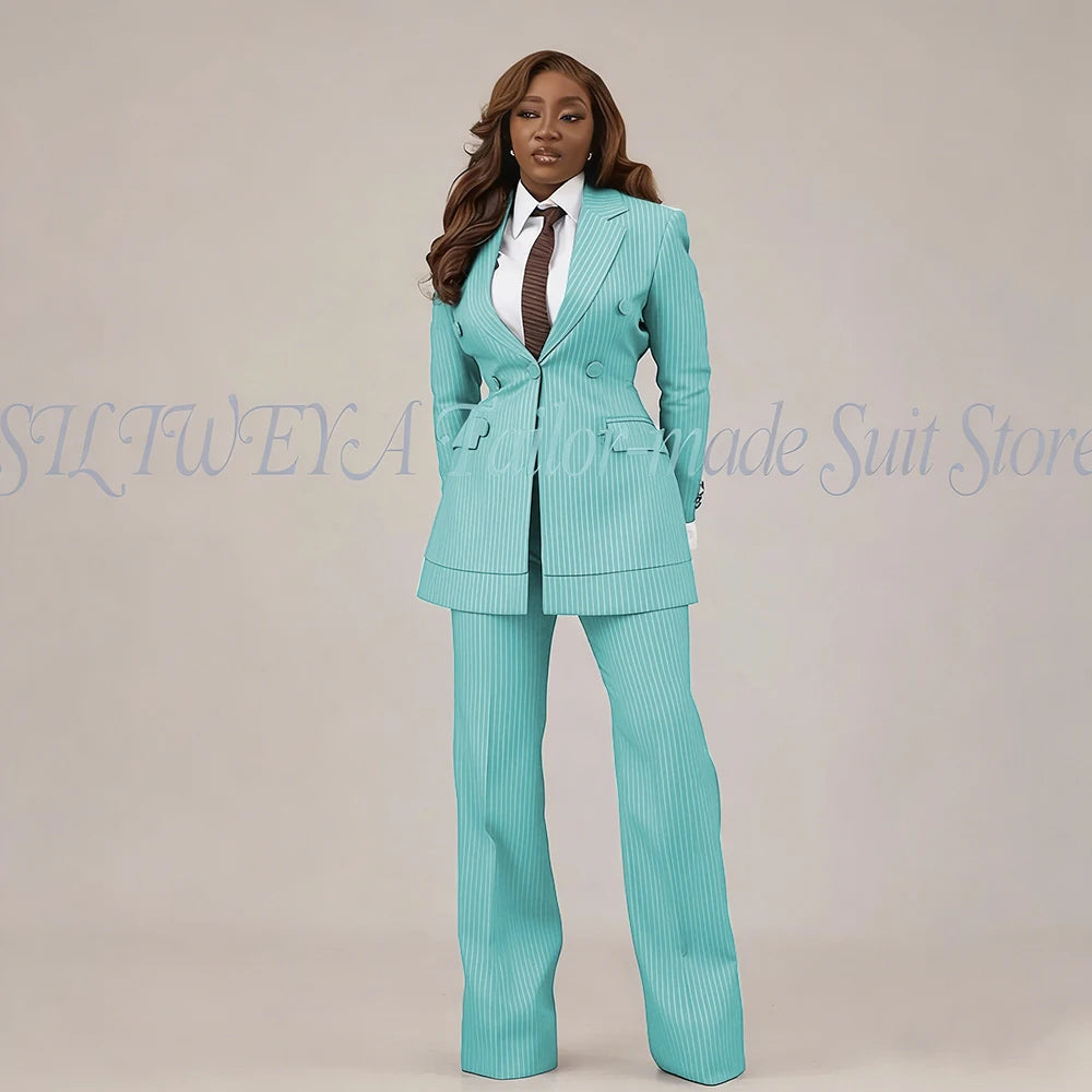 Slim Fit Brown Striped Blazer Set With Pants For Women