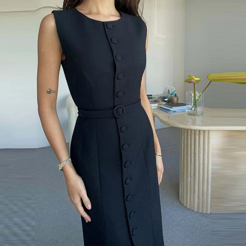 Elegant Temperament Slim Women's A-line Dress Summer Casual O Neck Button Office Dress Simple Solid Color Sleeveless Long Dress