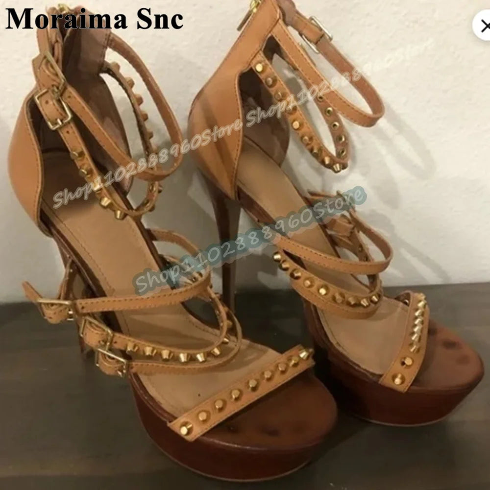 Khaki Rivet Buckle Strappy Platform Sandals For Women