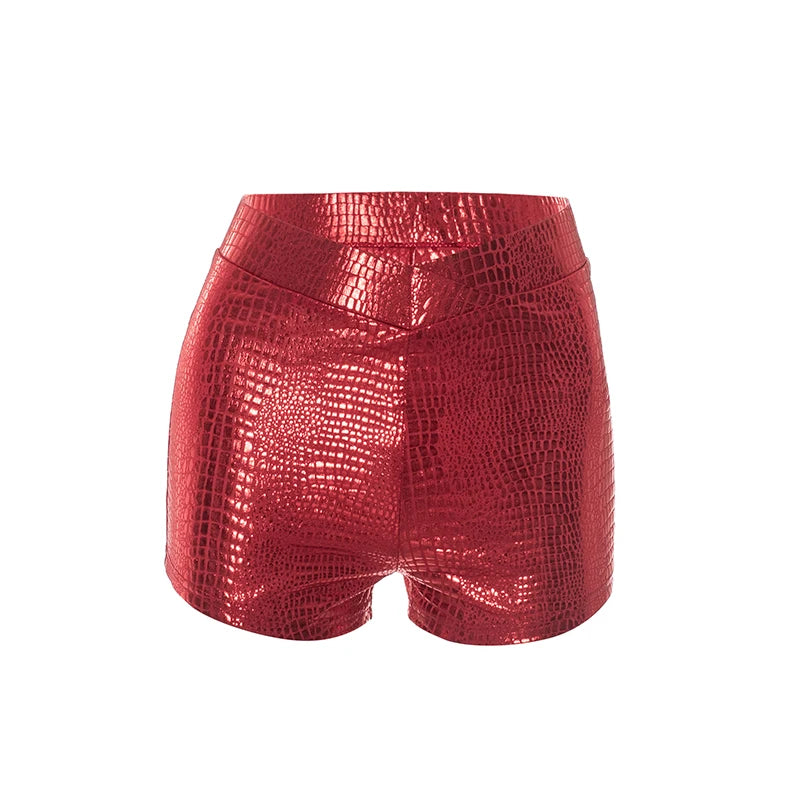 Weird Puss PU Serpentine Leather Shorts Women Elastica Waist Skinny Stretch Summer High Street Style Sexy Fashion Mini Bottoms