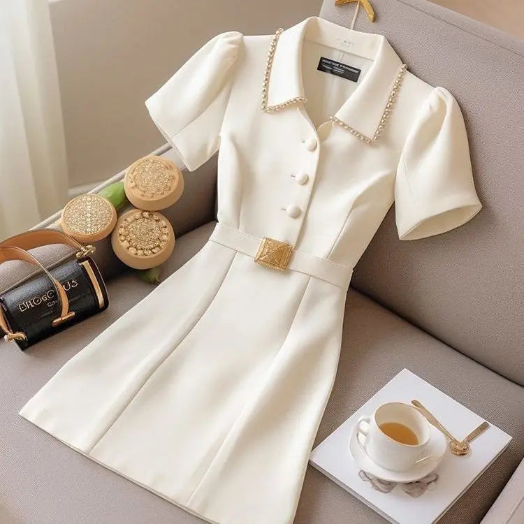 French white dress female spring and autumn new heavy industry beaded lapels senior age-reducing temperament waist (with belt)