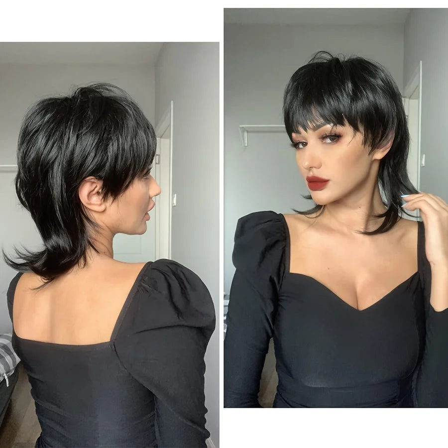 Short Black Shaggy Layered Mullet Wig For Women With Bangs