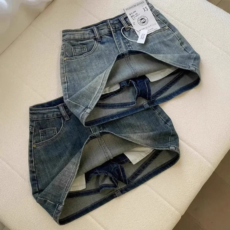 American Vintage High-Waisted Denim Skirt Fashion High Street Hot Girl Denim Half Skirt Vintage Y2k A-line Denim Skirt Women