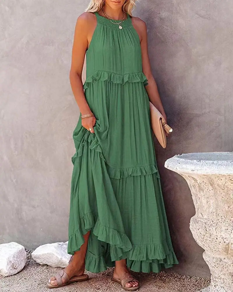 Solid Ruffled Sleeveless Maxi Sundress for Women