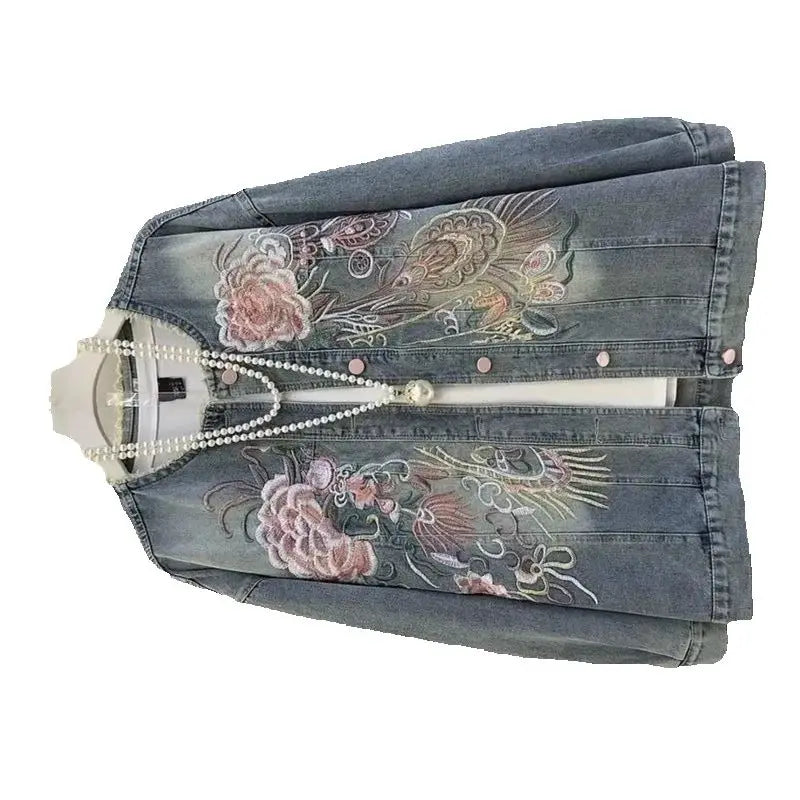 Lightweight Loose Embroidered Denim Jacket for Women