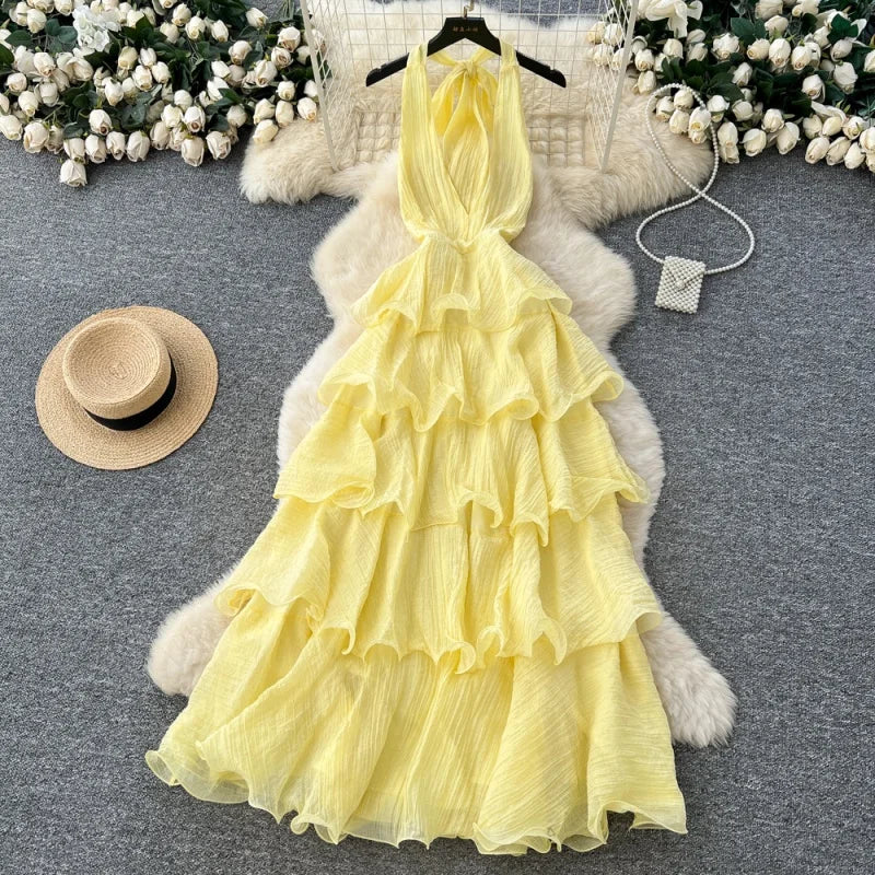 Sleeveless Halter Neck Ruffled Midi Dress for Women