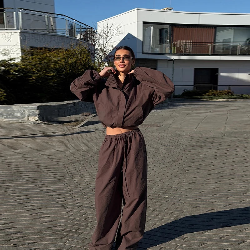 Solid Loose Suit Set with Stand Collar Crop Top and Drawstring Pants for Women