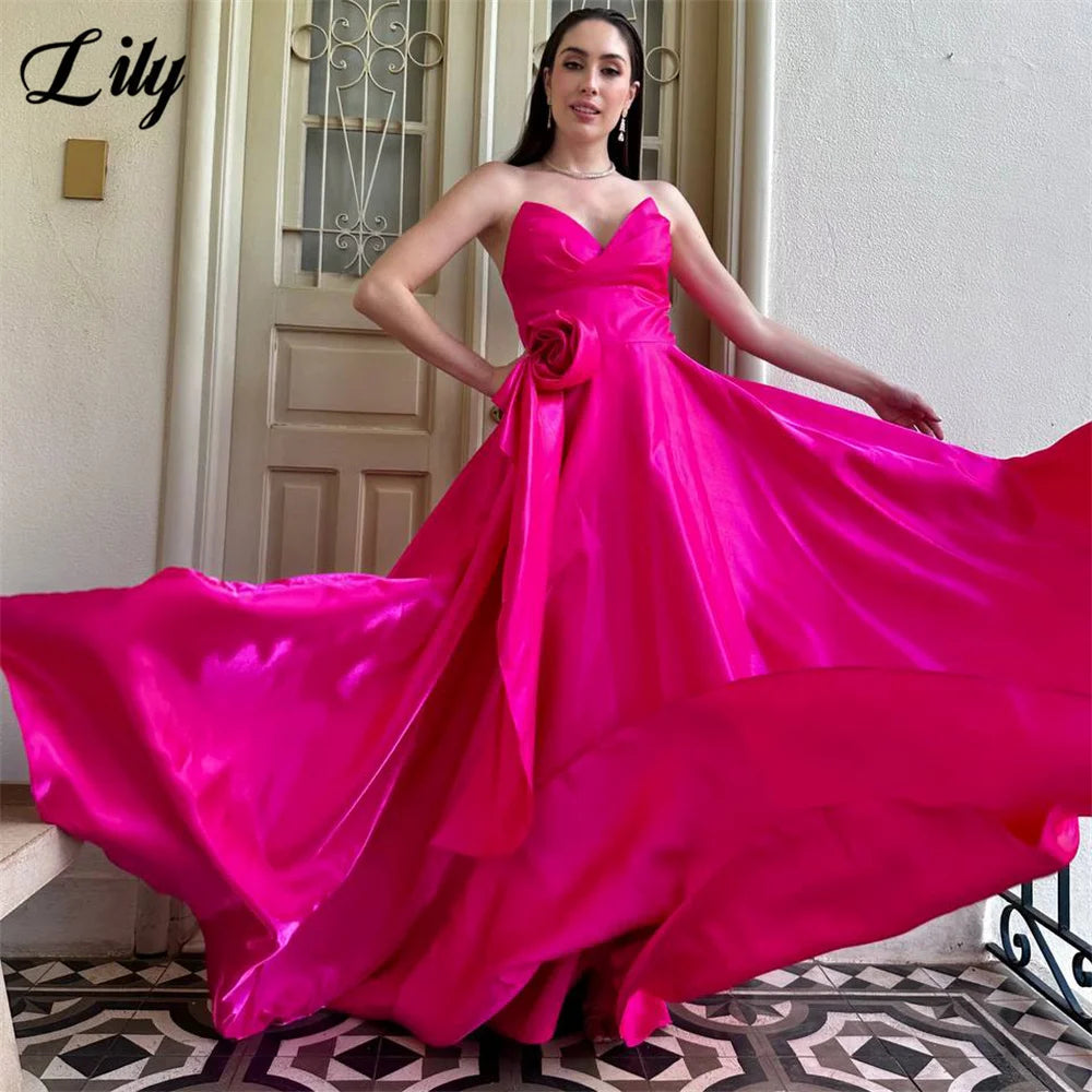 Lily Fuchsia Evening Dress Sweetheart Formal Gown A Line Prom Gown Strapless Night Dresses with Floral robe de bal Customized