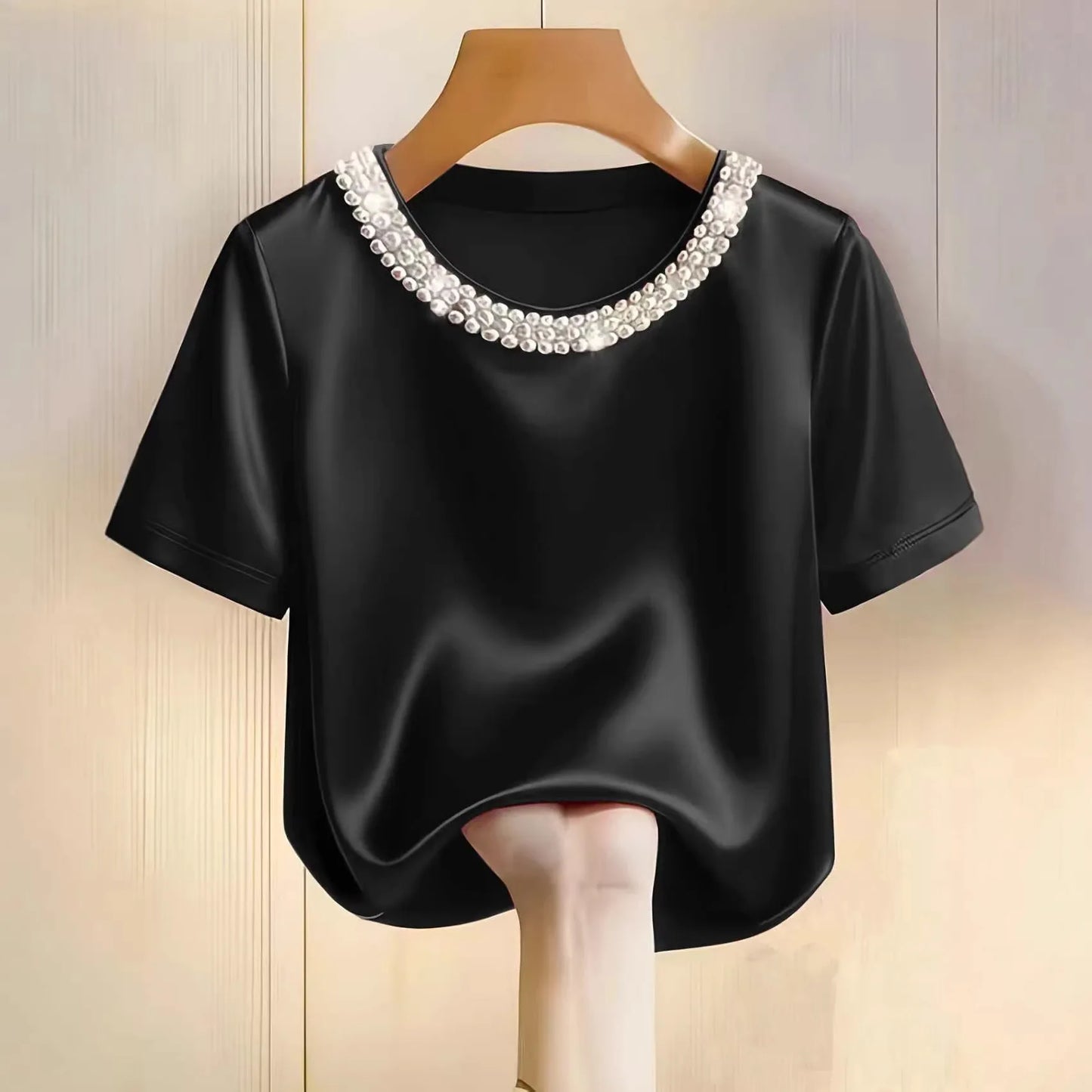 Satin Round Neck Pearl Beaded Decor Short Sleeve Top for Women