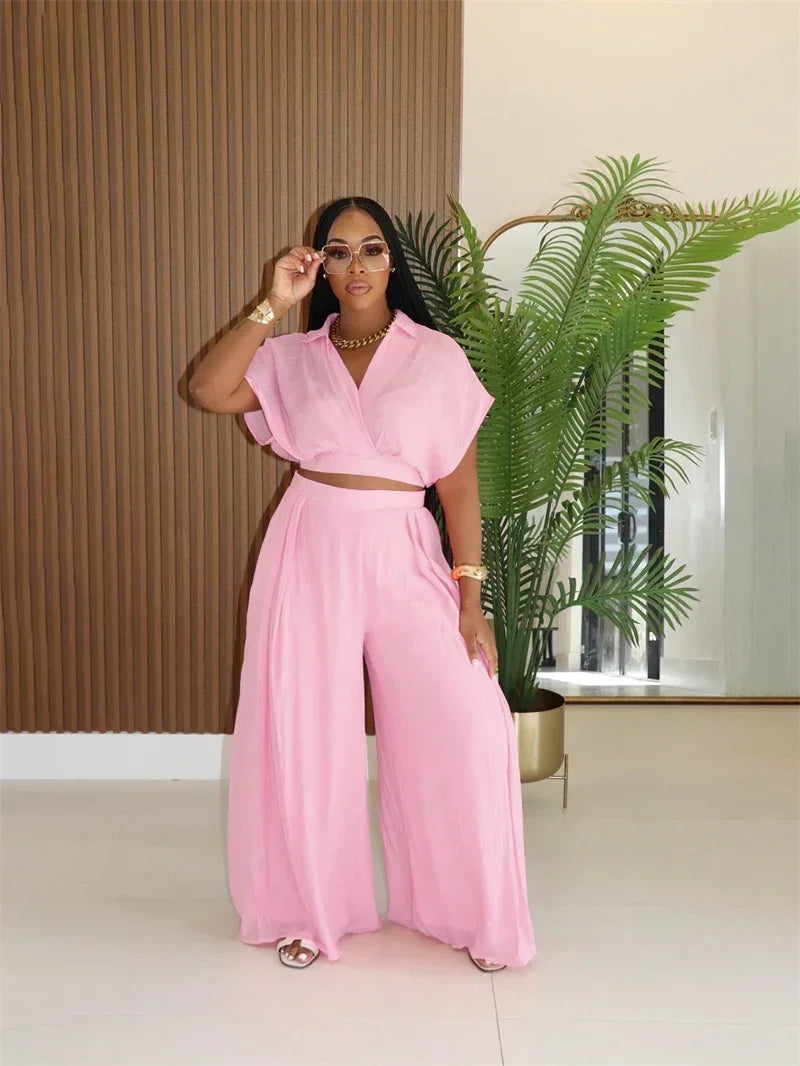 Relaxed Casual Crop Top And Wide Leg Pants Set for Women