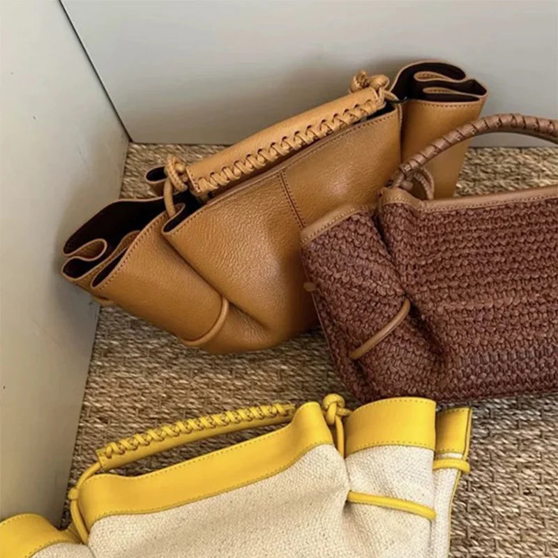 Luxury Brown Leather Braided Handbag Niche Exquisite Versatile Pleated Shoulder Bag Women's Fashion Brand Solid Color Bucket Bag