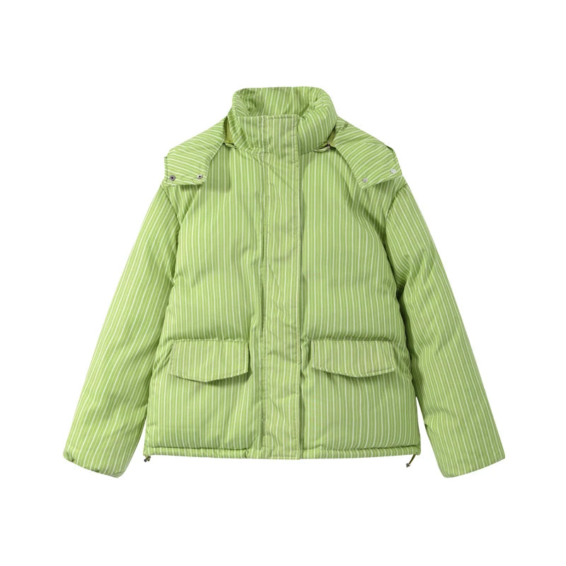 Striped Hooded Puffer Jacket and Wide Leg Pants Set for Women
