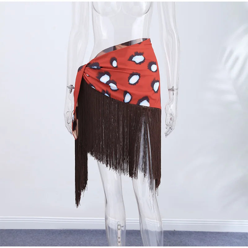 Leopard Patchwork Fringed Double-Sided Mini Skirt for Women