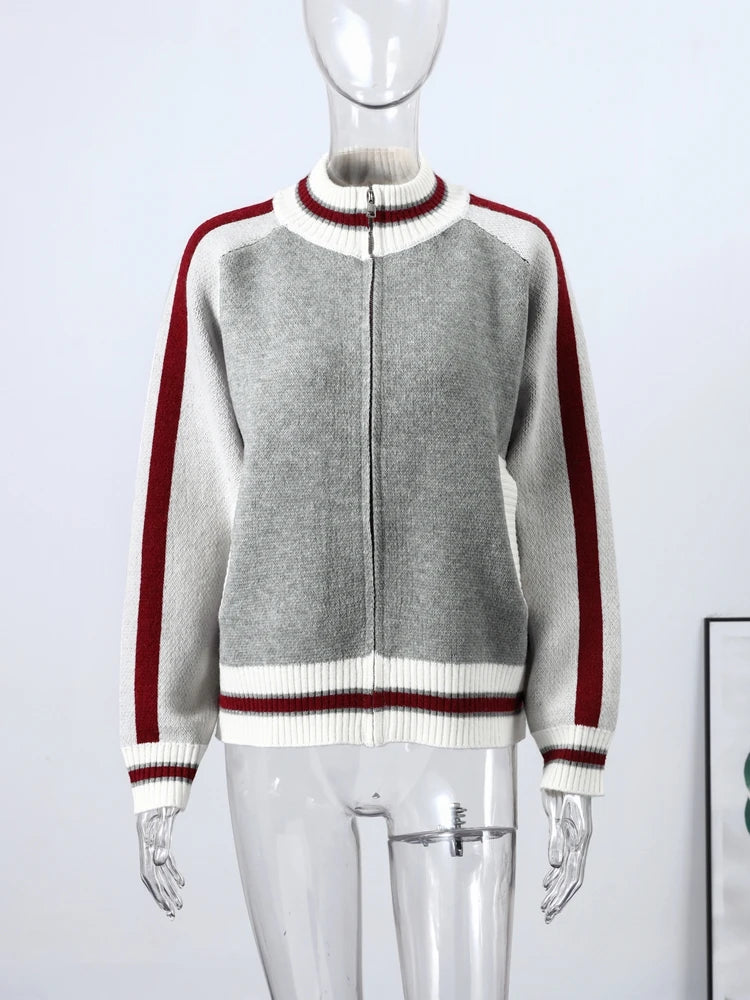 Printed Striped Knitted Baseball Cardigan for Women