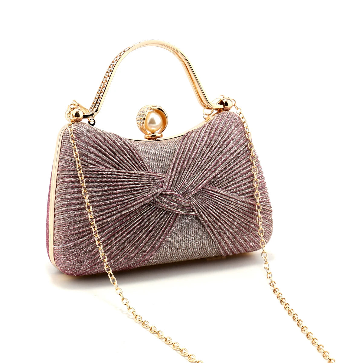 Bow Design Ruched Fashion Women Evening Bags Pink Color Sequined Glitter Metal Pearl Handbags Banquet Lady Wedding Bridal Purse
