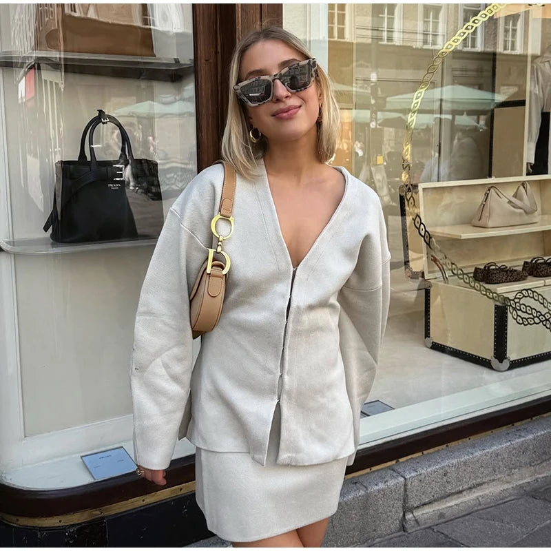 Elegant Knit Two Piece Set With Front Cutout and V Neck For Women