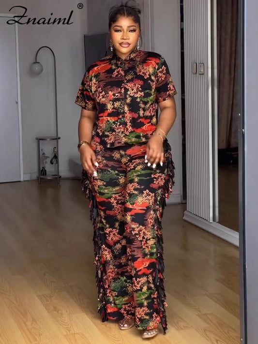 Znaiml Casual Printed Summer Women Turn-down Collar Button Up Shirt Top and Tassel Pants Two Piece Matching Sets Office Outfits