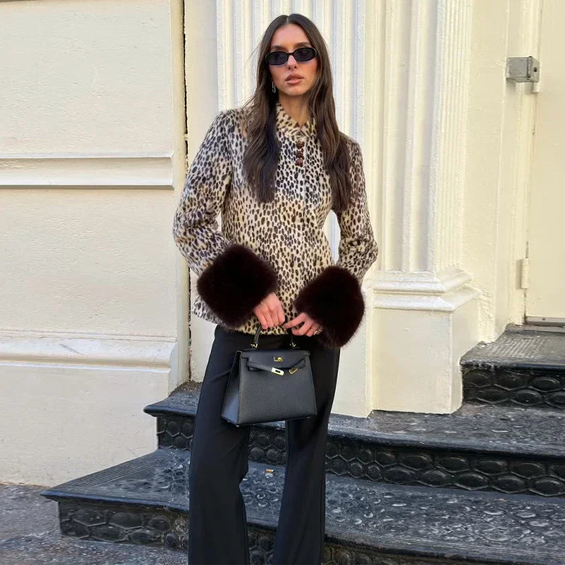 Fitted Vintage Leopard Patchwork Faux Fur Coat for Women