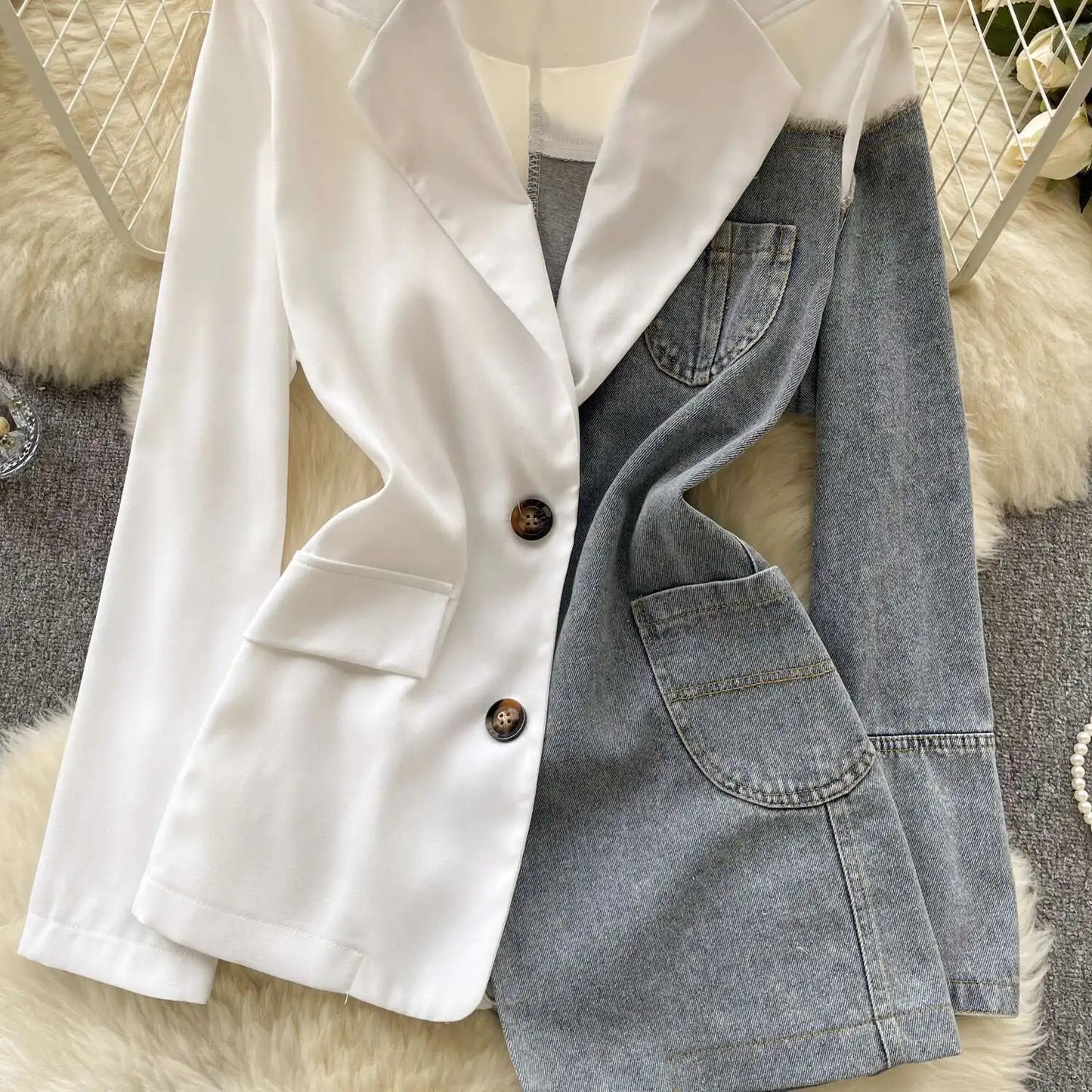 ANJY Autumn New Women Vintage Streetwear Ins Stylish Denim Patchwork Single Breasted Coat Casual Elegant Asymmetric Blazer A8421