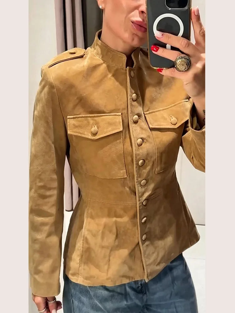 Vintage Stand Collar Single Breasted Military Coat For Women