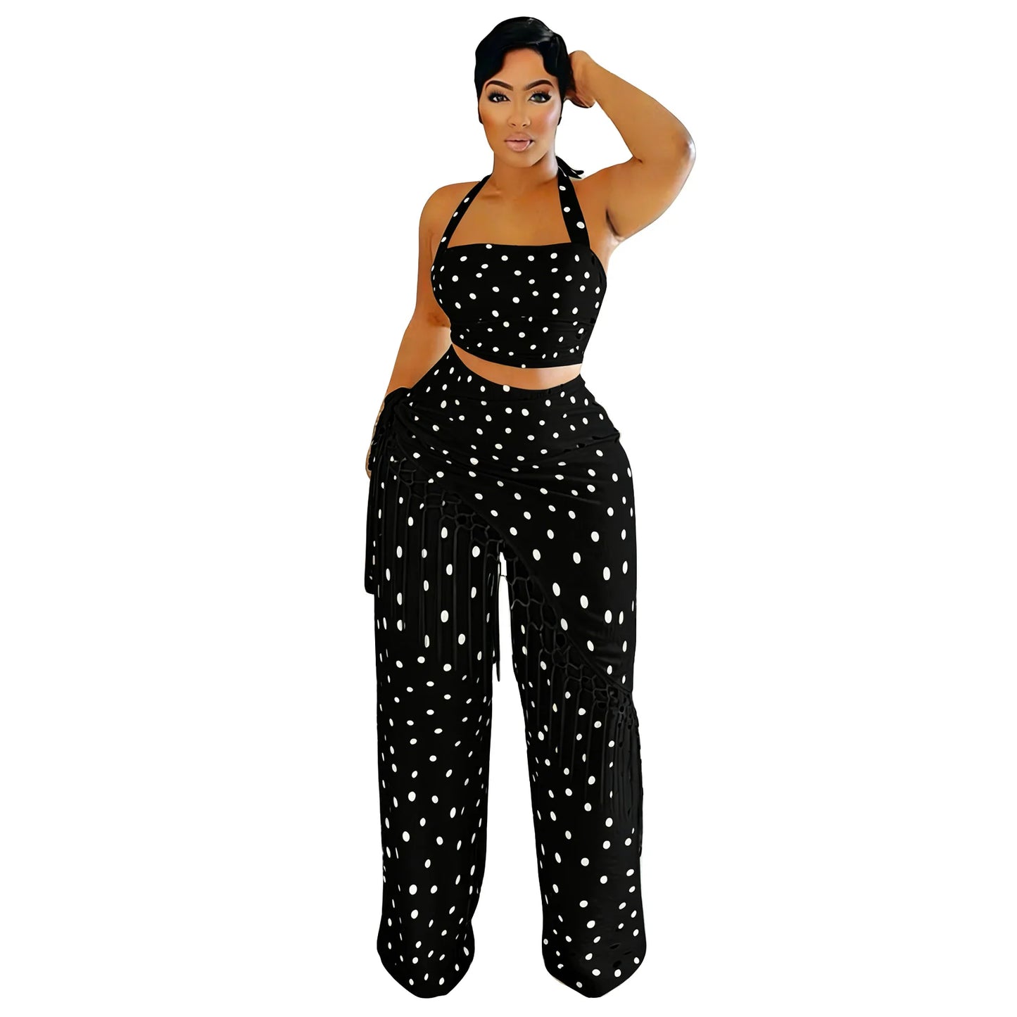 Polka Dot Print Halter Crop Top Tassel Fringe Two Piece Outfit for Women