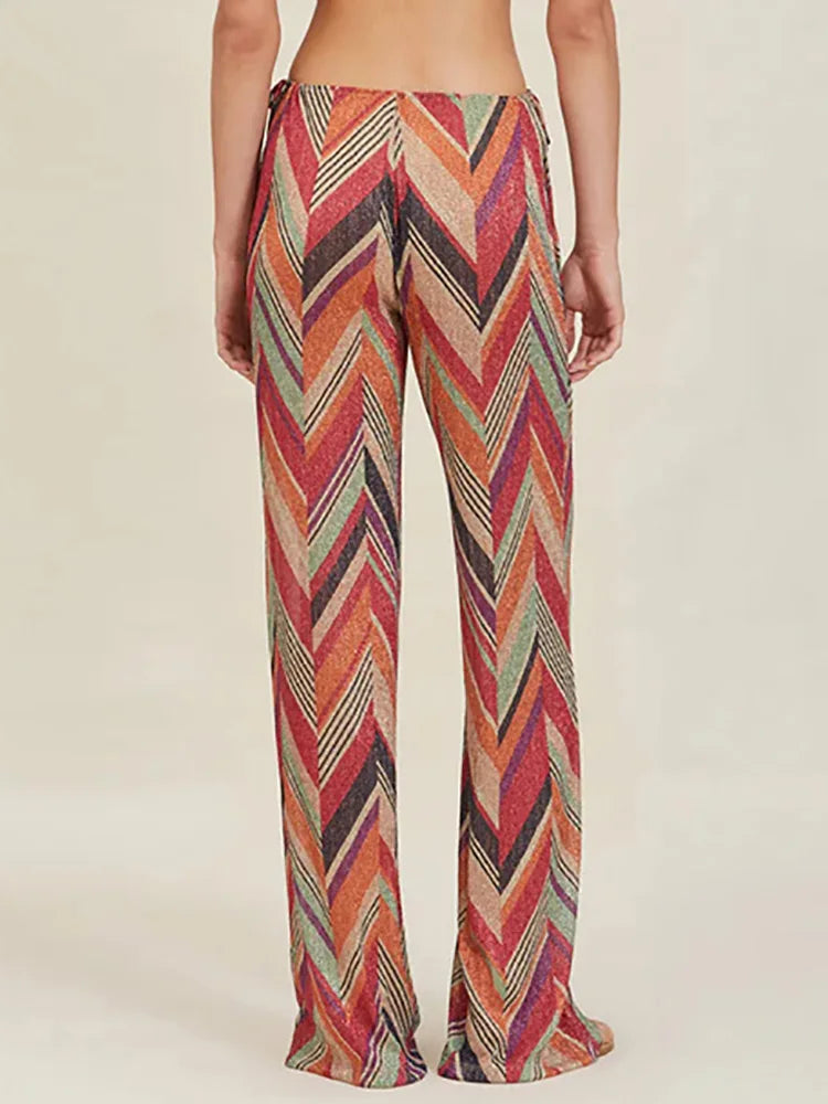 Printing Patchwork Fashion Two Pieces Outfit, Women Spring Summer V Neck Long Lacing Up Coat Set, 2025 Wide Leg Pants Lady Suits