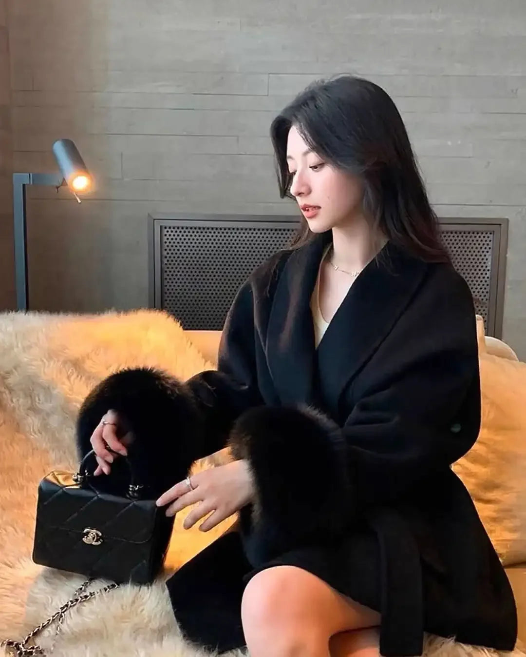 Faux Fur Wool Blend Longline Lapel Overcoat for Women