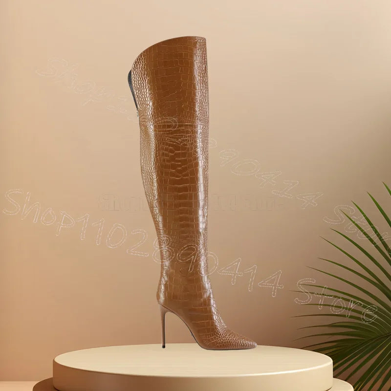 Brown Crocodile Print Pointed Toe High Heel Boots for Women