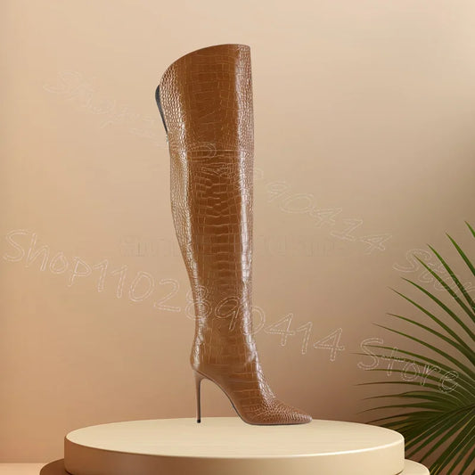 Brown Crocodile Print Pointed Toe Boots