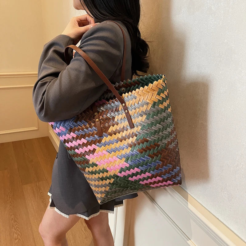 Colorful Braided PVC Tote Bag for Women With Large Capacity