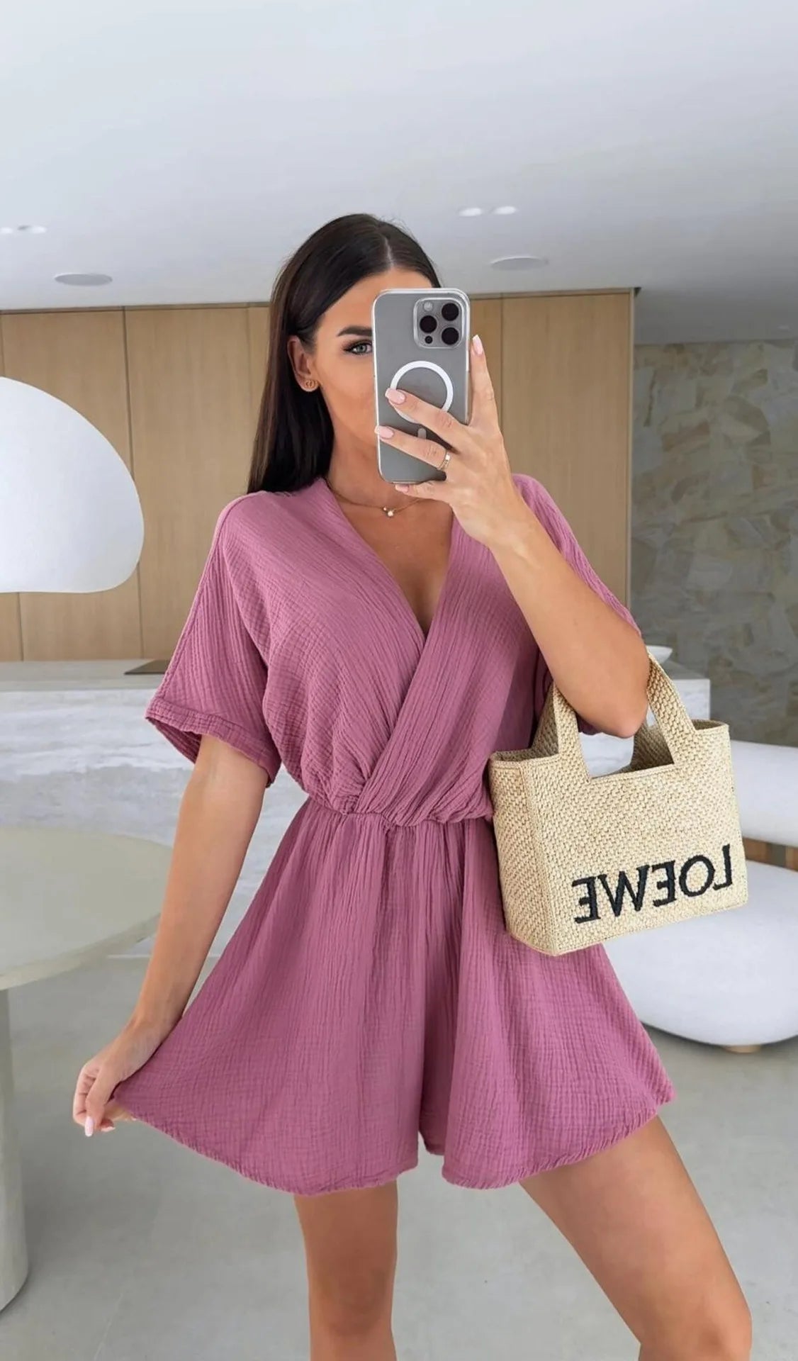 Elegant Deep V Neck Short Sleeve White Romper for Women