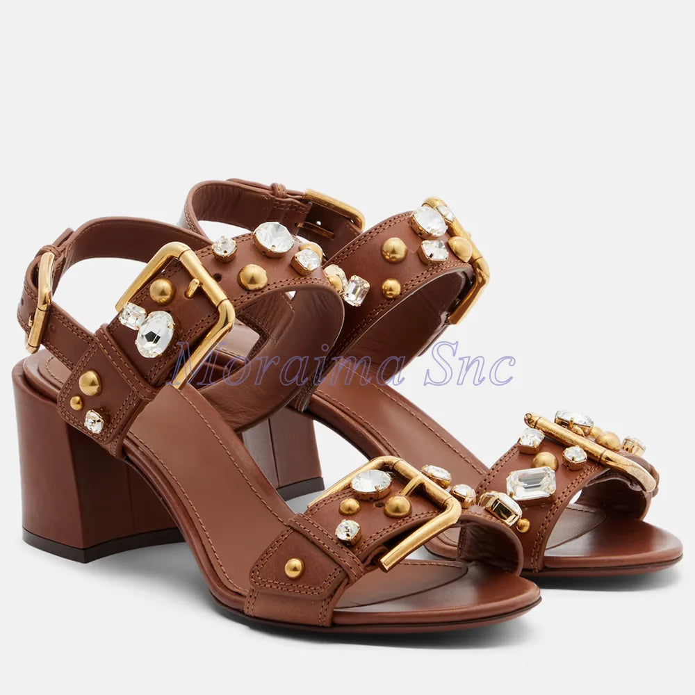 Crystal Embellished Gold Buckle Chunky Heel Sandals For Women