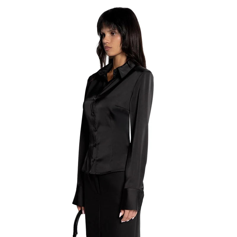 Elegant Satin Long Sleeve Button-Up Shirt for Women