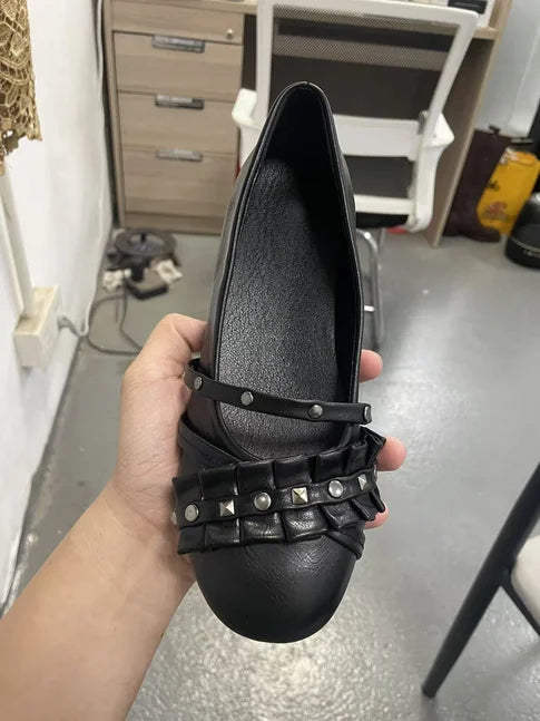 Black Studded Leather Lace Up Round Toe Flat Shoes For Women