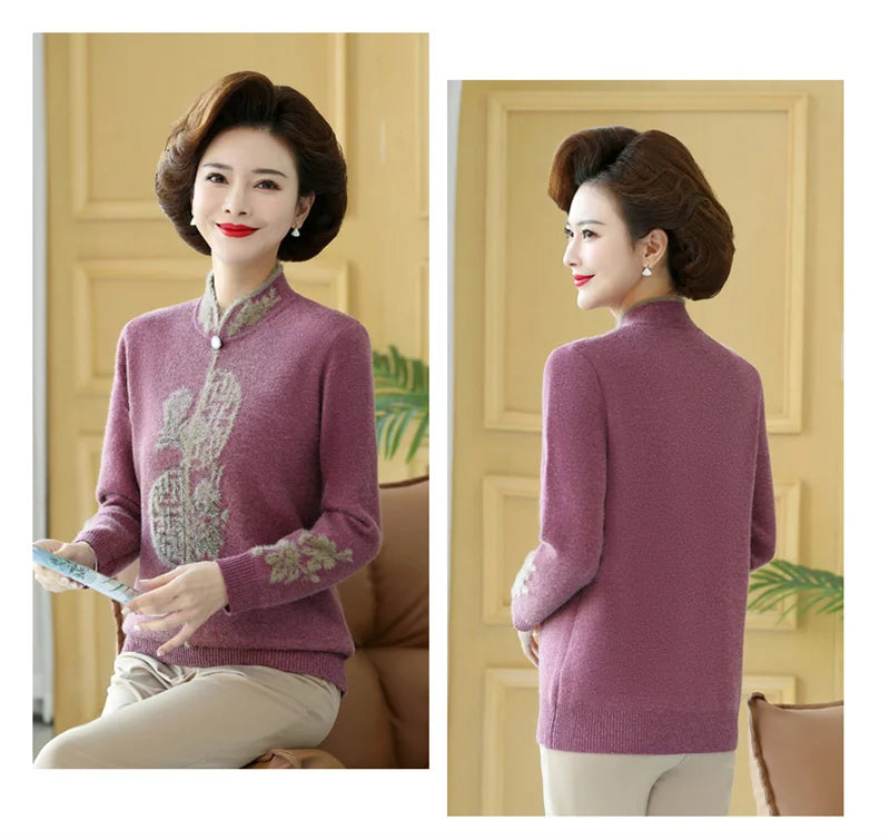 2025 Autumn New Mom's Velvet And Warm Knitted Embroidered Bottom Shirts Imitation Mink Fleece Winter Inner Plsh Thick Pullover